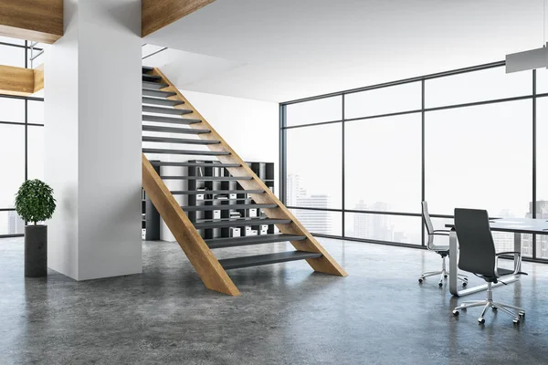 都市の景色と木製の階段とロフトスタイルのミニマリストの会議室のインテリア 職場と企業のコンセプト 3Dレンダリング — ストック写真