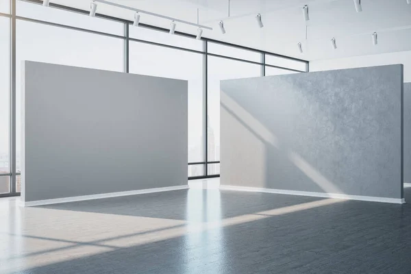 Modern Grijs Galerie Interieur Met Lege Muur Uitzicht Stad Daglicht — Stockfoto