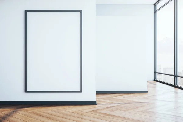 Minimalistische Galerij Kamer Met Uitzicht Stad Lege Banner Betonnen Muur — Stockfoto