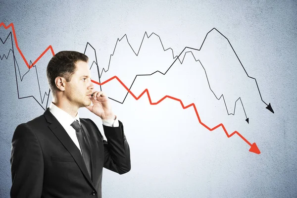 Businessman Talking Phone Looking Economic Crisis Stock Charts Virtual Screen — Stock Photo, Image