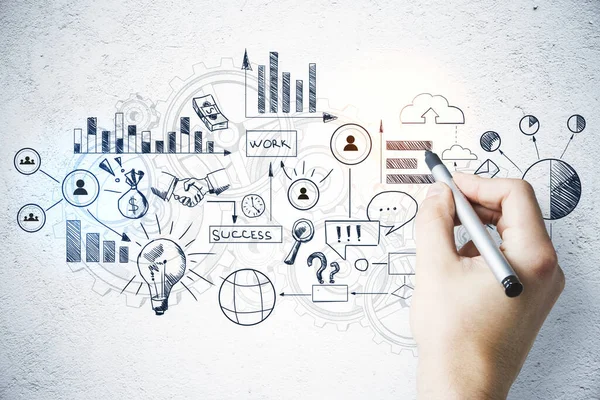 Kézi Toll Rajz Diagramok Üzleti Koncepció Beton Falon Pénzügyi Oktatási — Stock Fotó