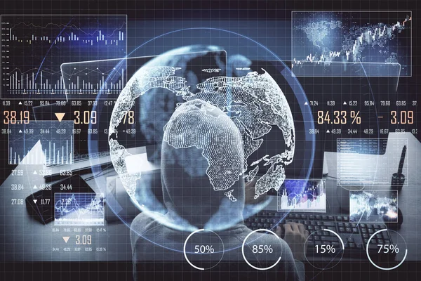 Hacker using computer with global business scheme and financial analytics. Hacking and cyber attack concept.