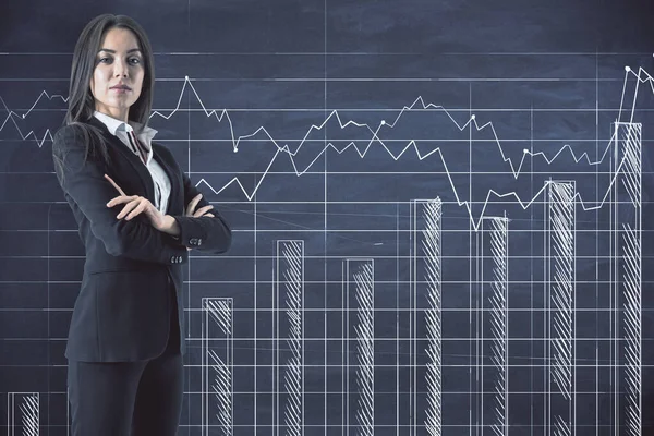 Businesswoman in suit and drawing stock chart on blackboard. Trade and business analysis concept.