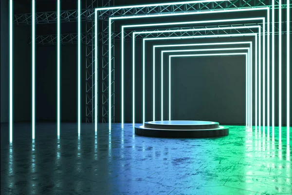Interior Verde Com Corredor Retangular Luminoso Abstrato Pódio Redondo Inovação — Fotografia de Stock