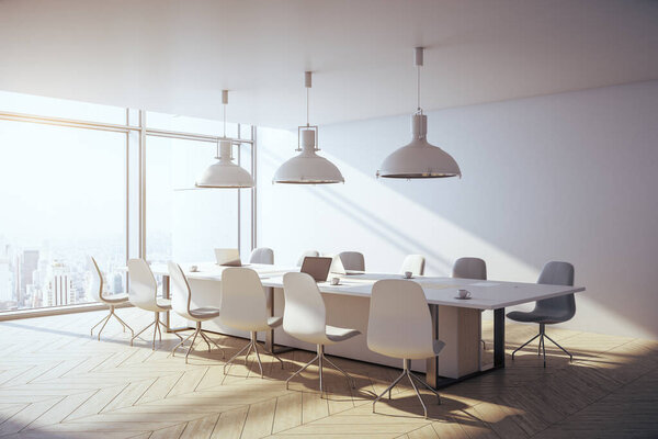 Modern concrete office interior with city view, furniture and equipment. Workplace and company concept. 3D Rendering