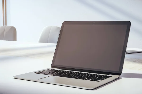 Blank laptop screen on table. Technology, communication and programming concept. Mock up, 3D Rendering