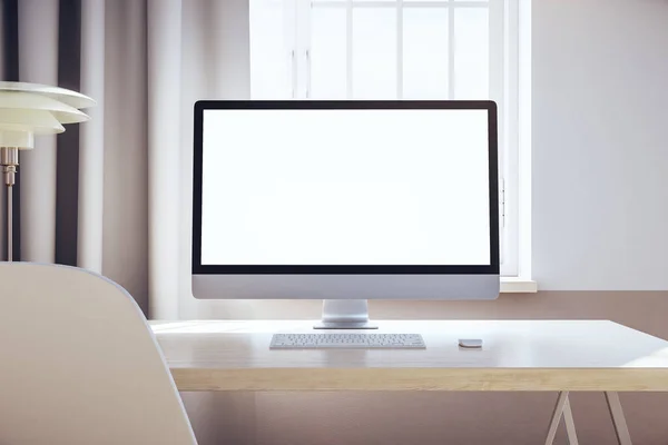 Close up of empty white computer screen in modern designer office. Workplace and company concept. Mock up, 3D Rendering