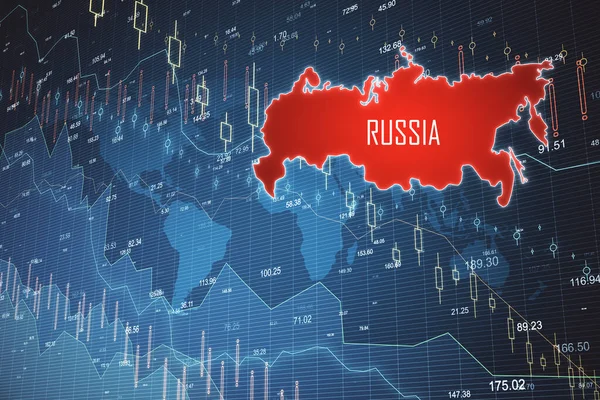 ロシアの地図と矢印で不況チャートをクラッシュします ビジネスと金融危機の概念 3Dレンダリング — ストック写真