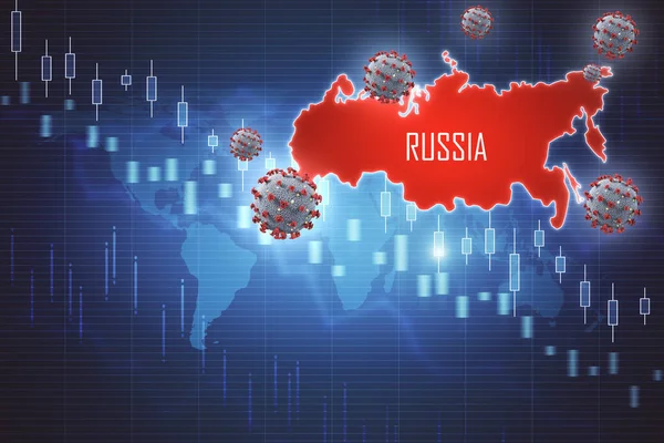 ロシアの赤い地図とコロナウイルス2019 Ncovでの景気後退チャート 貿易とコロナウイルスは危機の概念を癒す 3Dレンダリング — ストック写真