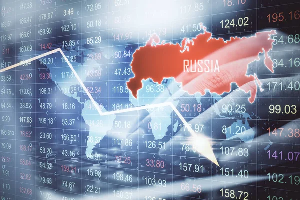 Creative Desktop Map Russia Creative Crash Recession Chart Arrow Business — Stock Photo, Image