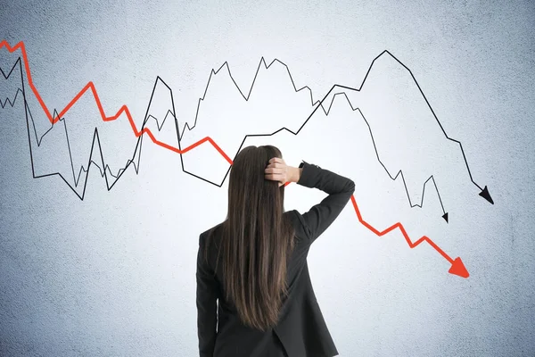 Pencive Üzletasszony Néz Összeomlás Krízis Chart Üzleti Pénzügyi Válság Koncepció — Stock Fotó