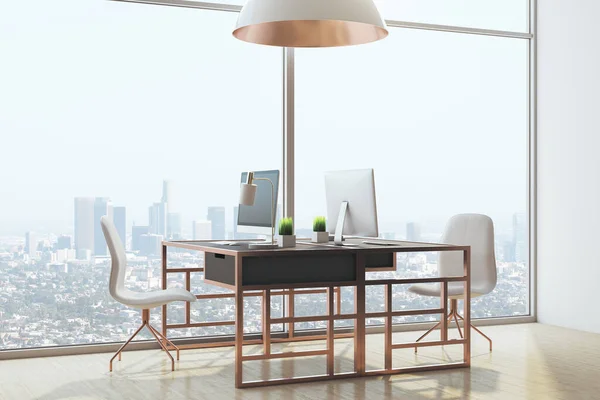 Luxury office room with computers and panoramic city view. Workplace and lifestyle concept. 3D Rendering