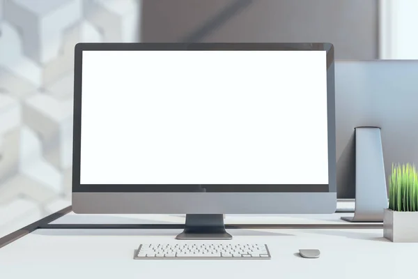 Blank White Computer Monitor Screen Table Office Megapolis City View — Stock Photo, Image