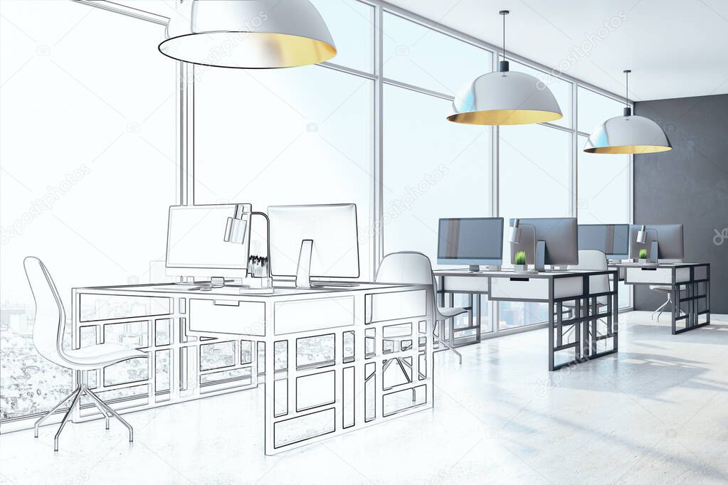 Drawing loft office interior with computers and city view. Workplace and company concept. 3D Rendering