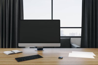 Boş bilgisayar ekranlı modern tasarımcı masaüstü. Çevrimiçi reklam ve dijital eğitim konsepti. Modifiye et, 3B Hazırlama