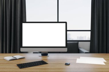 Boş bilgisayar ekranı ve şehir görünümlü tasarımcı masaüstü. Çevrimiçi reklam ve dijital eğitim konsepti. Modifiye et, 3B Hazırlama