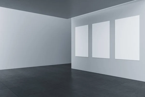 Eigentijdse Galerie Interieur Met Drie Lege Banners Aan Muur Kunst — Stockfoto