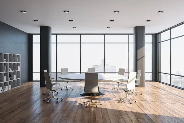 Modern meeting room with panoramic city view and  daylight. Presentation and corporate concept. 3D Rendering