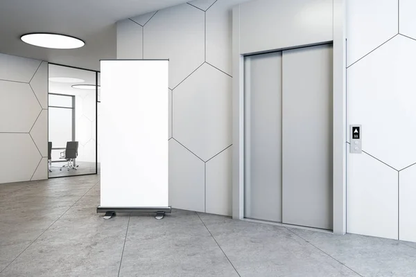 Interior Kantor Dengan Lift Dan Banner Vertikal Kosong Dinding Konsep — Stok Foto