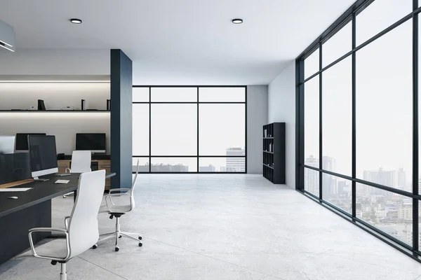 Minimalistisch Coworking Office Interieur Met Megapolis Uitzicht Stad Werkplaats Bedrijfsconcept — Stockfoto