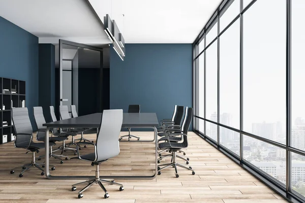 Contemporary conference room interior with city view. Workplace and company concept. 3D Rendering
