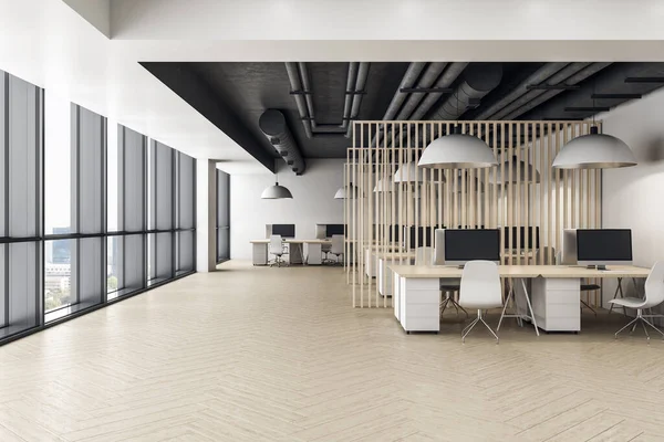 Interior Oficina Contemporánea Con Ordenadores Mesa Vista Ciudad Concepto Empresa — Foto de Stock