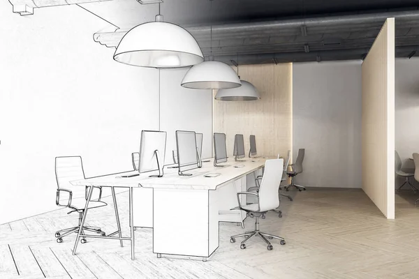 コンピューターとのコワーキングオフィスのインテリアを描く 職場と企業理念 3Dレンダリング — ストック写真