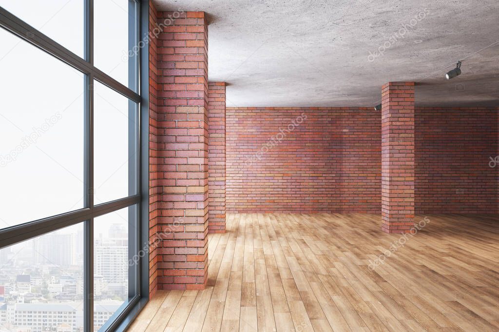 Modern red brick room with column and panoramic city view. Design and style concept. Mock up, 3D Rendering