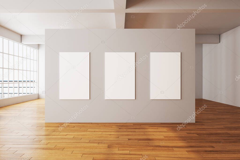 Luxury gallery interior with three empty posters on wall. Art and design concept. Mock up, 3D Rendering