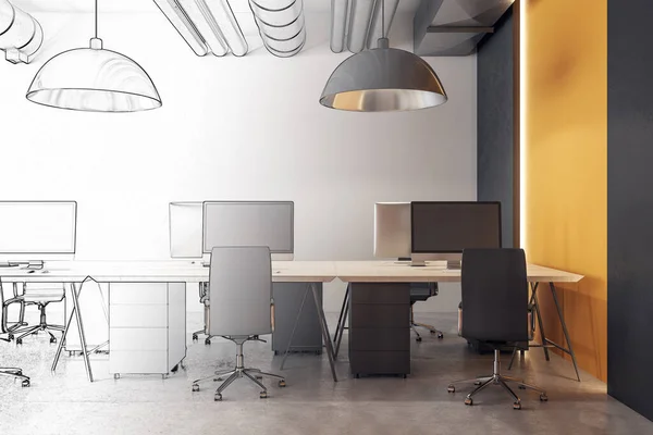 Desenho Escritório Coworking Interior Com Computadores Móveis Luz Dia Conceito — Fotografia de Stock