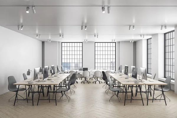 컴퓨터와 도시의 시야가 미니멀리즘적 사무실 컨셉이야 렌더링 — 스톡 사진