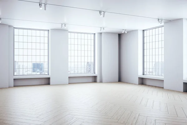 Galería Loft Minimalista Interior Con Ventanas Ciudad Luz Del Día — Foto de Stock