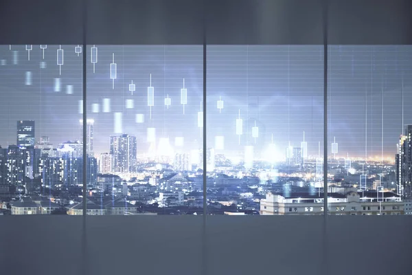 Glühend Fallende Börsenstatistiken Hologramm Auf Verschwommenem Stadthintergrund Handels Und Investitionskonzept — Stockfoto