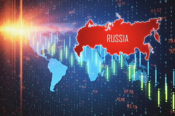 株式衝突統計学のホログラムと画面上のロシアの地図 ビジネスと金融危機の概念 3Dレンダリング — ストック写真