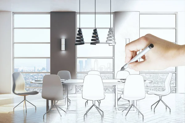 Hand drawing meeting room with panoramic city view. Workplace and company concept.