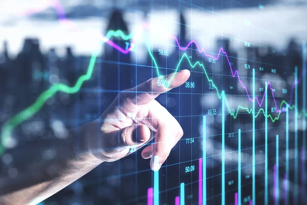 Üzletember Kéz Segítségével Recesszió Stock Chart Képernyőn Interfész Index Kereskedelmi — Stock Fotó