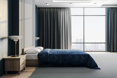 Panoramik şehir manzaralı ve gün ışığında modern yatak odası. Tasarım ve tarz kavramı. 3B Hazırlama