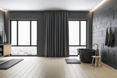 Dekoratif nesneler ve panoramik şehir titreşimli modern gri banyo. Tarz ve hijyen kavramı. 3B Hazırlama