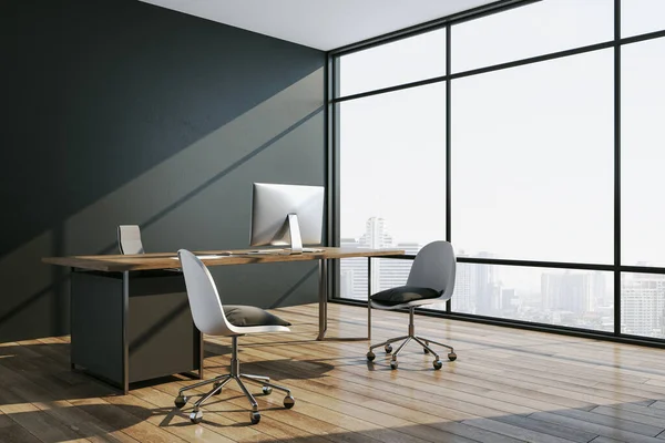 Contemporary Office Interior Computer Desktop Blank Wall City View Rendering — Stock Photo, Image