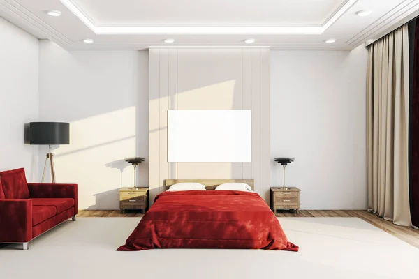 Μοντέρνο Υπνοδωμάτιο Εσωτερικό Κόκκινο Κάλυμμα Και Κενή Πινακίδα Στον Τοίχο — Φωτογραφία Αρχείου