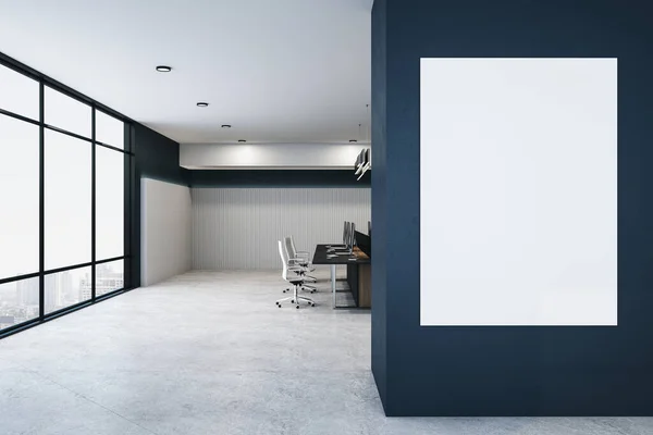 Interior Oficina Coworking Madera Contemporánea Con Muebles Póster Blanco Pared —  Fotos de Stock