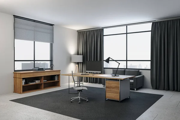 Luxury workspace manager in a contemporary interior with city view.  Workplace and corporate concept. 3d rendering