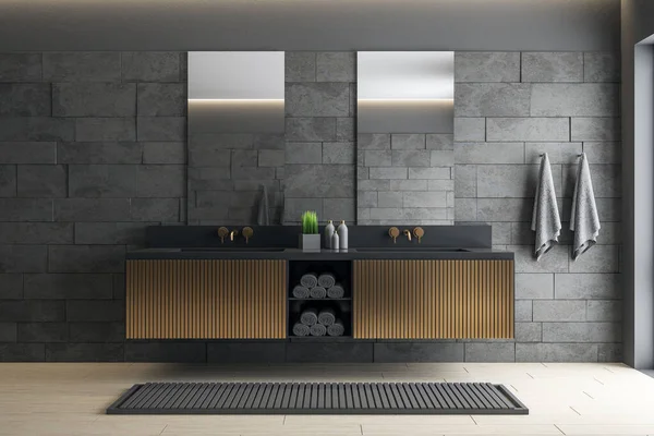 Luxury Gray Bathroom Mirror Comfortable Bathtub Style Hygiene Concept Rendering — Stock Photo, Image