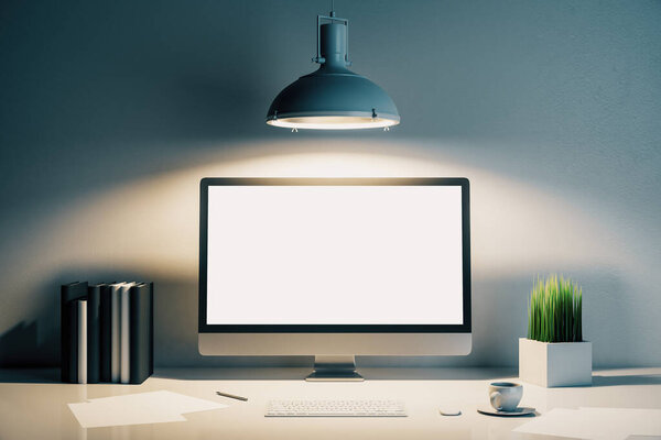 Minimalistic designer desktop with empty white computer screen. Workplace and lifestyle concept. Mock up, 3D Rendering