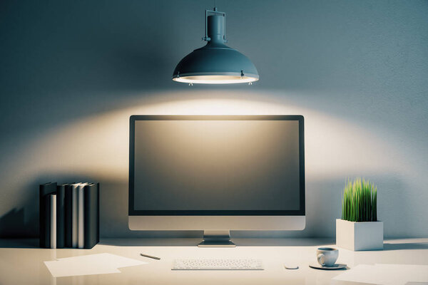 Modern designer desktop with empty black computer screen. Workplace and lifestyle concept. Mock up, 3D Rendering
