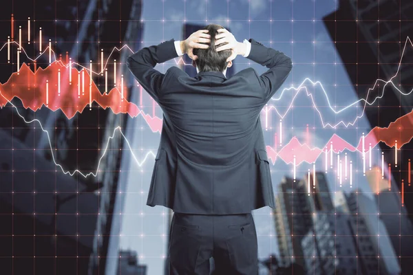 Back View Scared Businessman Looking Forex Chart Blurry Night City — Stock Photo, Image