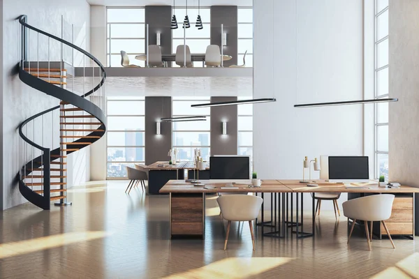 Contemporary coworking office interior with stairs and computer on desktop, other pieces of furniture and city view. 3D Rendering