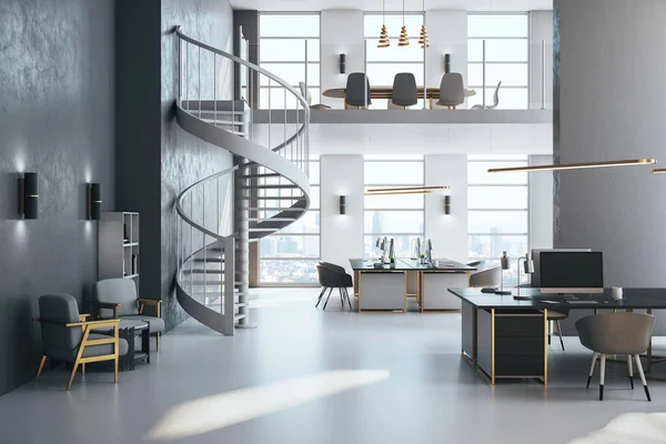 Luxury coworking office interior with stairs and computer on desktop and city view. Workplace and company concept. 3D Rendering