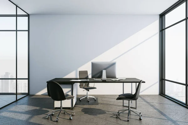 Interior Escritório Contemporâneo Com Computador Área Trabalho Parede Branco Vista — Fotografia de Stock