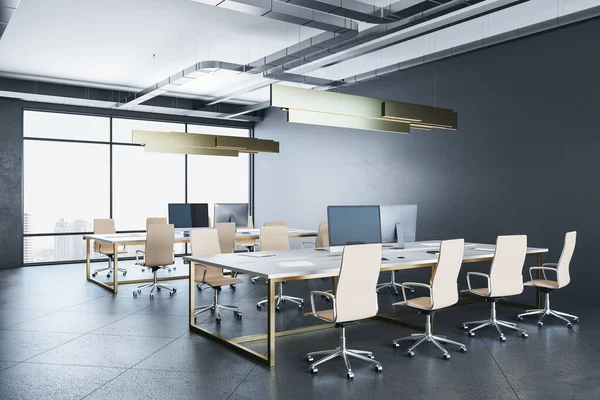 Contemporary Coworking Office Interior City View Daylight Furniture Equipment Workplace — Stock Photo, Image